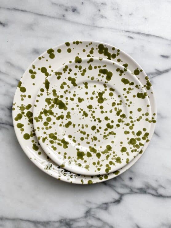 olive green splatterware dishes