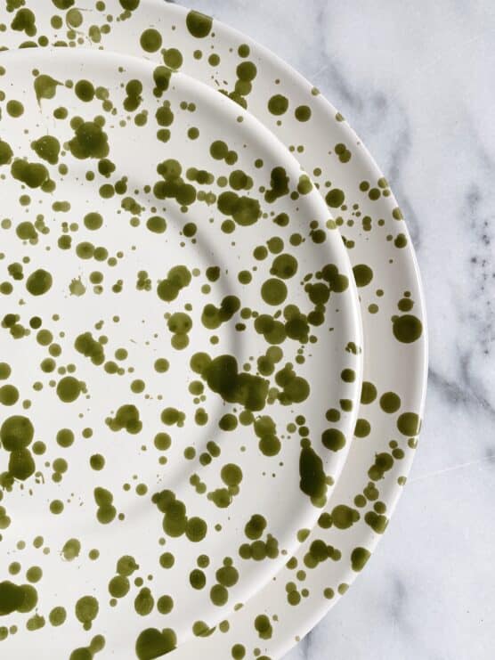 olive green splatterware dishes