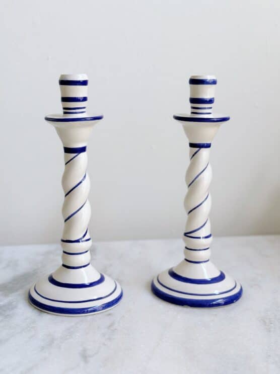 blue striped ceramic twist hand painted italian candle holder pair
