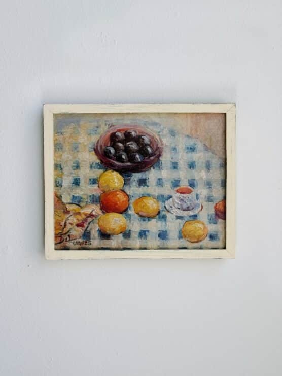 Original Fruit Still Life on Gingham Table Painting