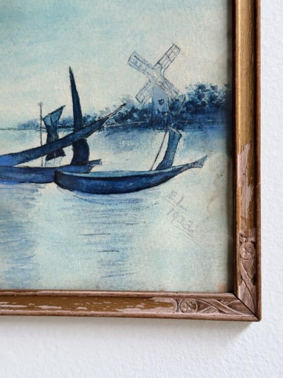 Antique Dutch Blue Watercolor Painting - Image 2