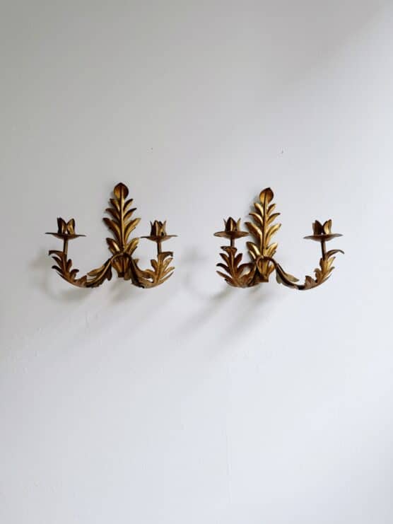 Vintage Pair of Gilt Leaf Tole Candle Sconces
