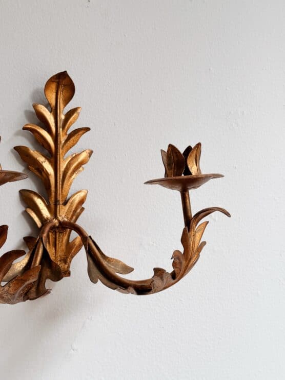 Vintage Pair of Gilt Leaf Tole Candle Sconces - Image 4