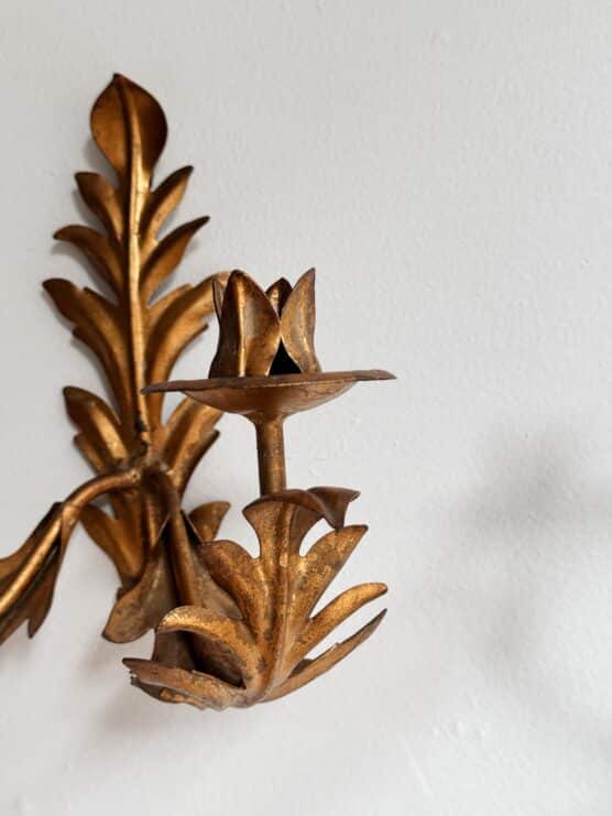 Vintage Pair of Gilt Leaf Tole Candle Sconces - Image 5