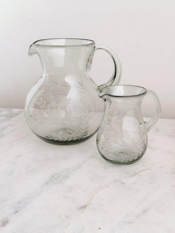 Hand Blown Etched Glass Pitchers