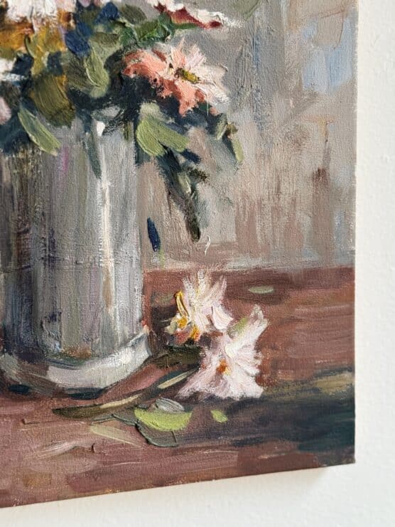 Contemporary Pink Floral Still Life Oil Painting - Image 2