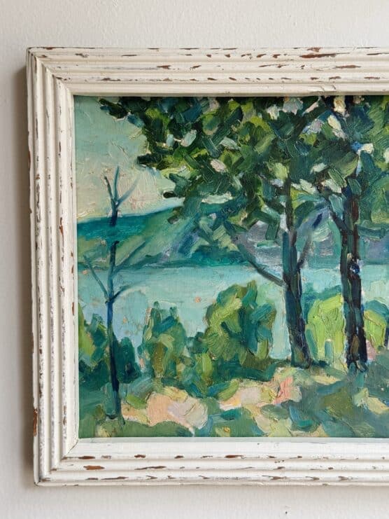 Vintage Trees by the Lake Oil Painting - Image 3