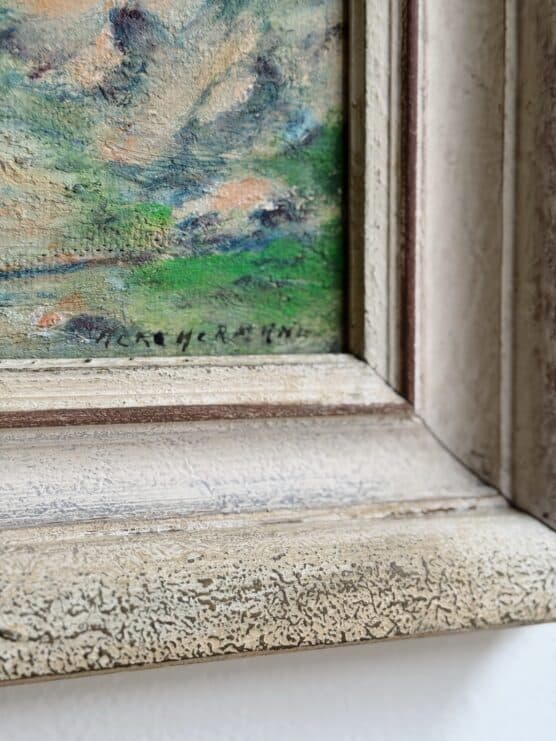 Vintage Seascape with Mountains Oil Painting - Image 2
