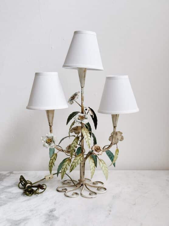 Antique Italian Tole Floral 3-Light Lamp