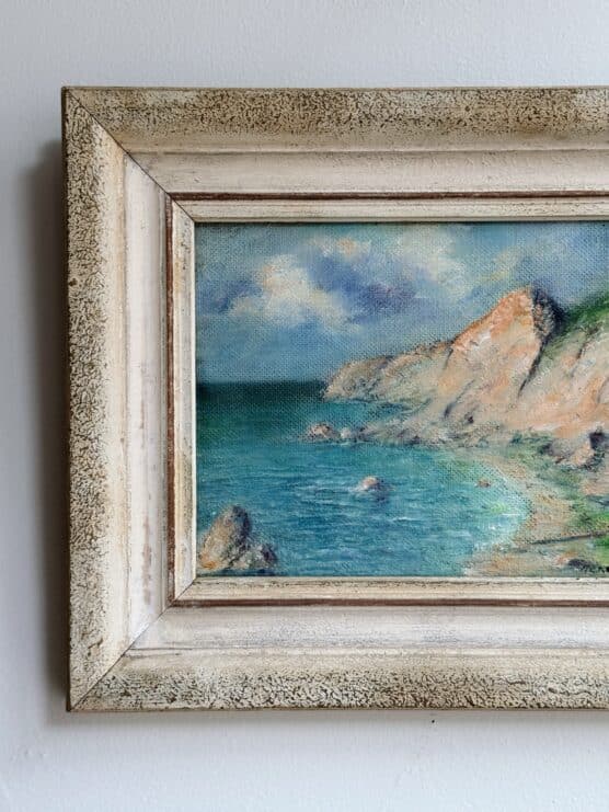Vintage Seascape with Mountains Oil Painting - Image 3