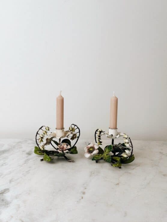 Antique Tole Dogwood Candle Holder Pair