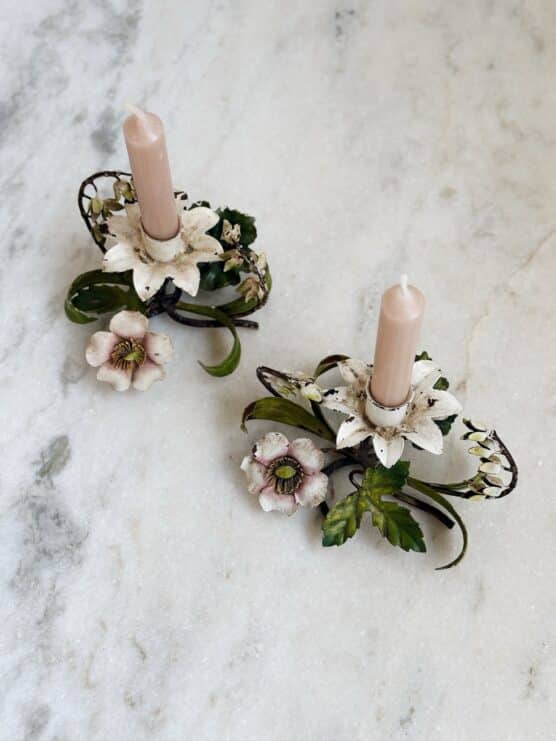 Antique Tole Dogwood Candle Holder Pair - Image 2