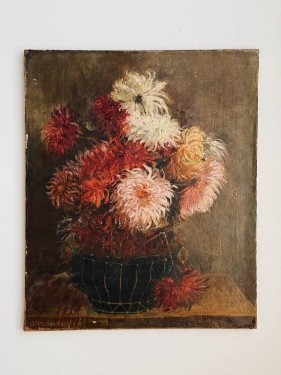 Antique French Mums Still Life Oil Painting