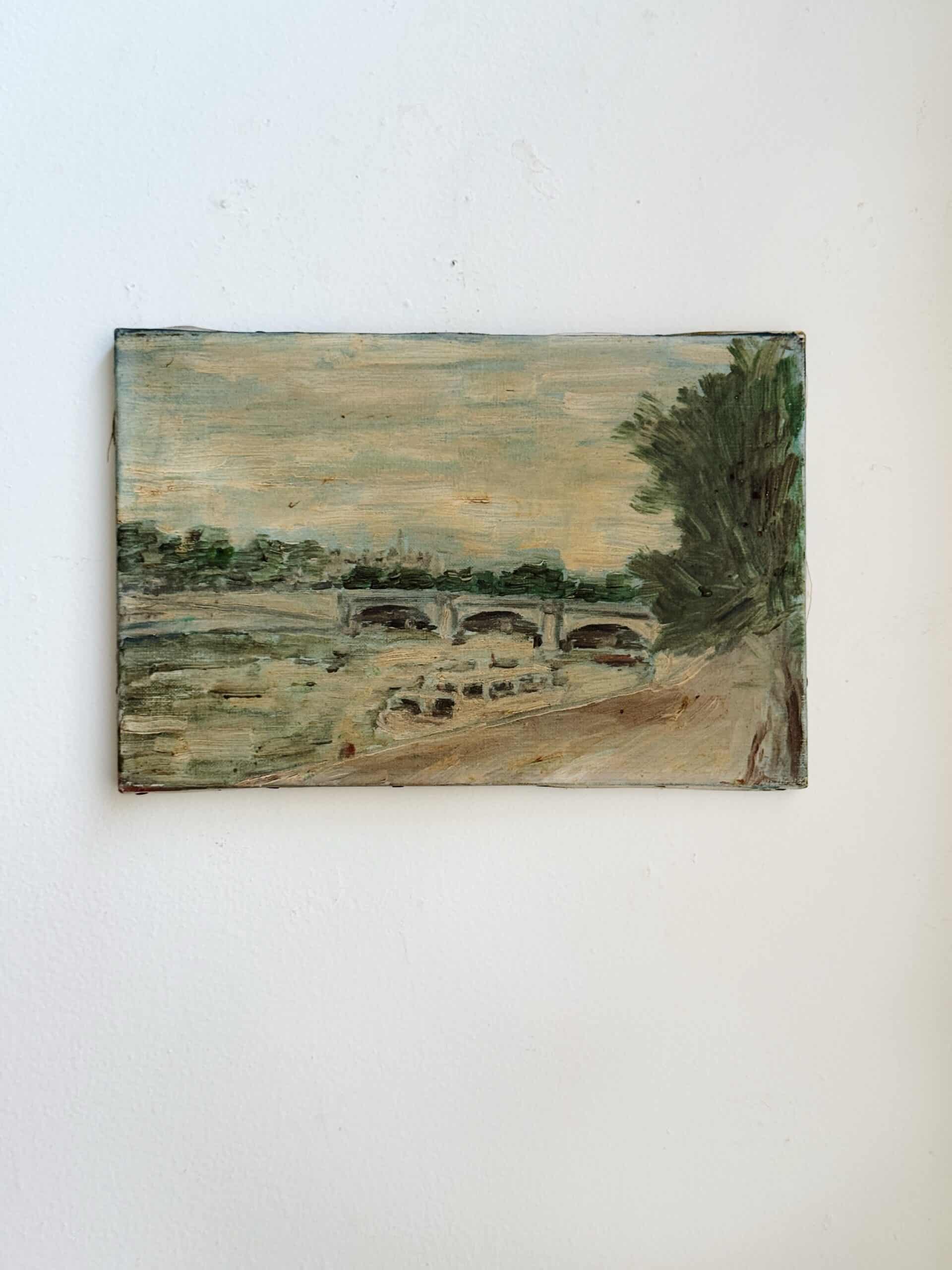 Vintage French River Scene Oil Painting