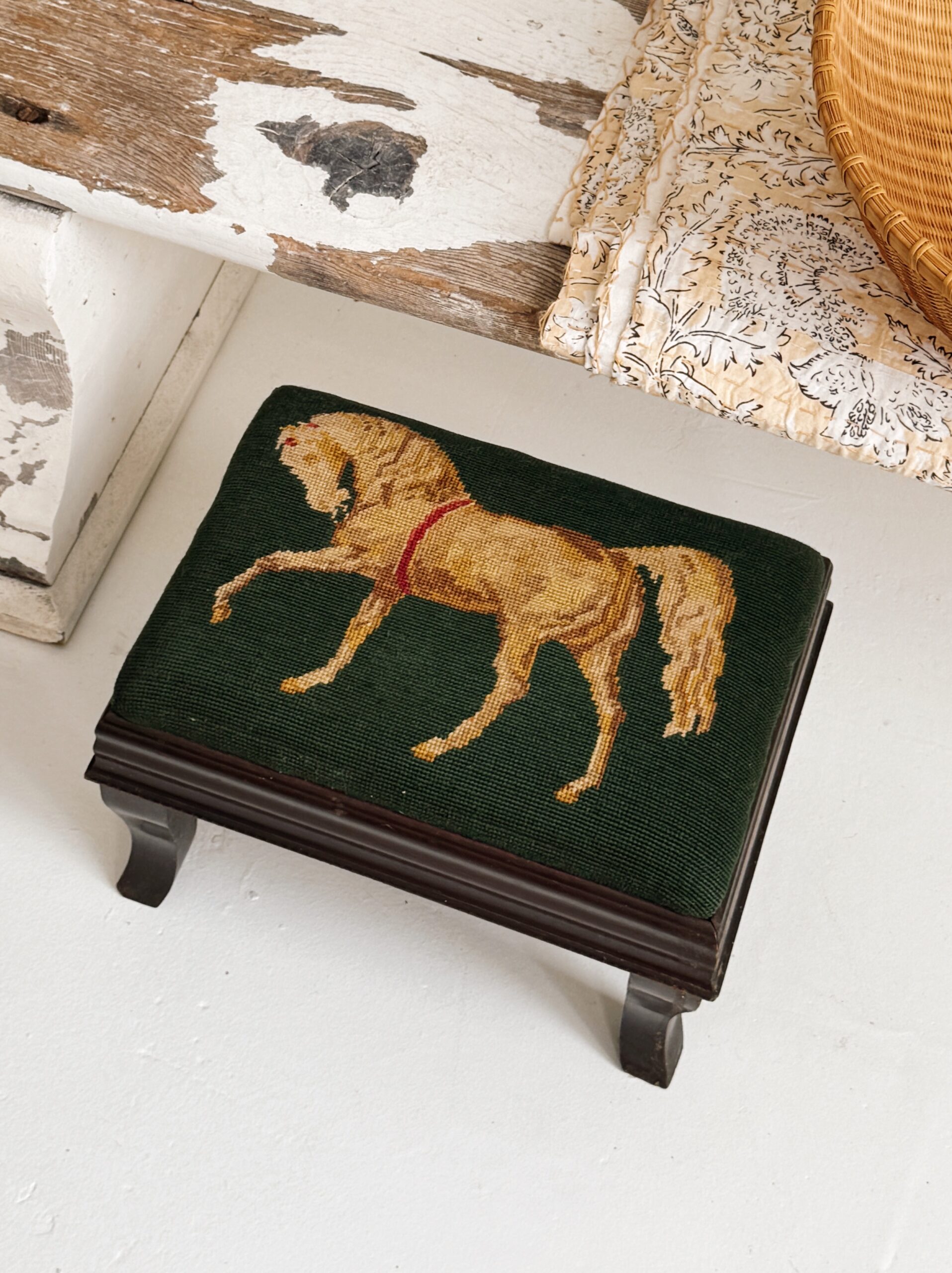 Vintage Equestrian Needlepoint Foot Stool